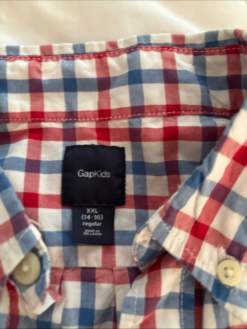 GAP boys Red, Blue & White Plaid Button-Down Shirt worn one time sz 14/16